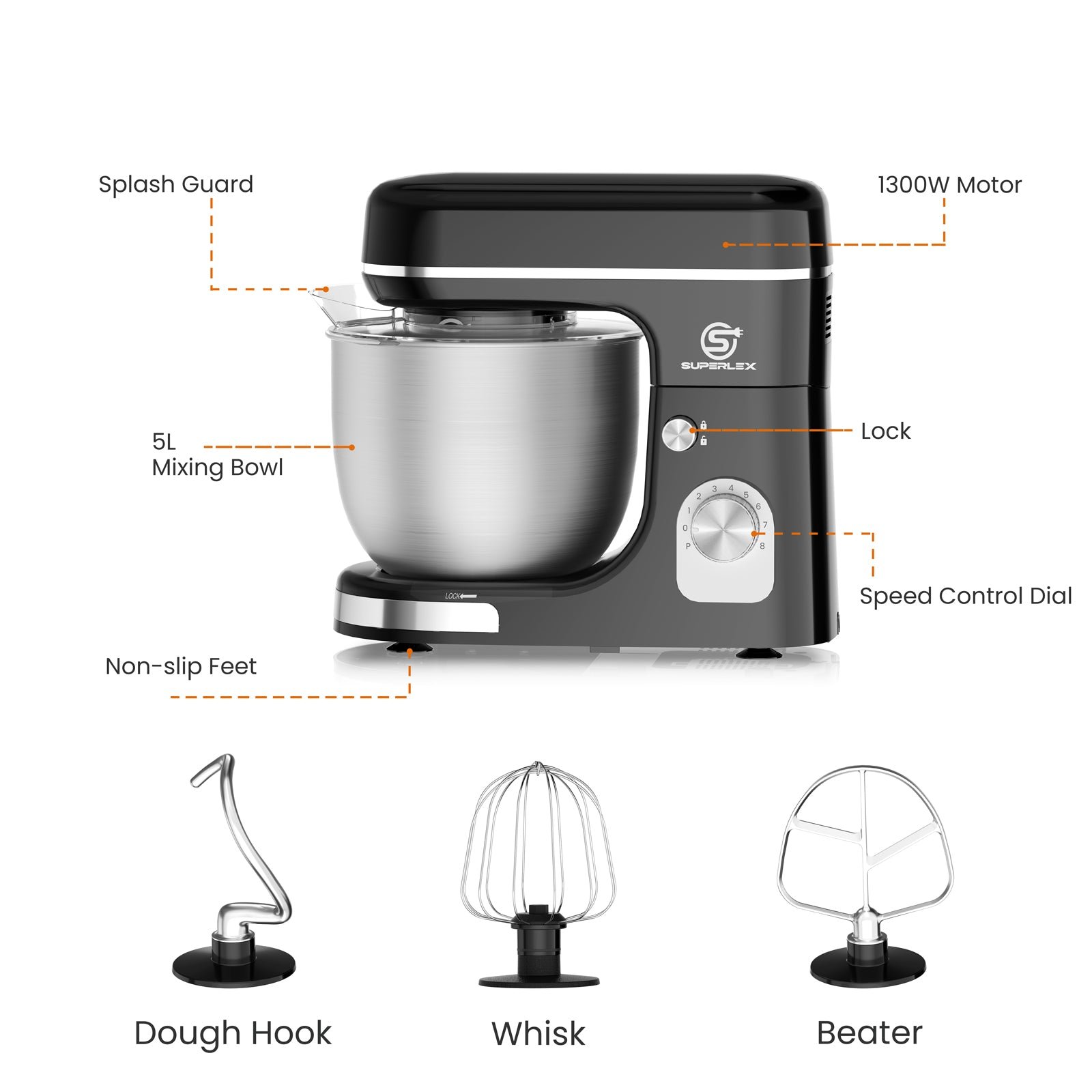 5L Stand Mixer with 1300W Motor & Multi-Function Attachments - Image 3